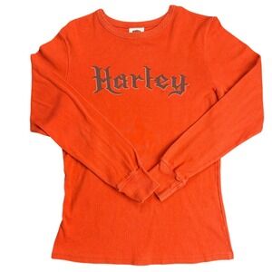 Harley Davidson Womens Long Sleeve Thermal Shirt Orange‎ Gothic Logo USA L
